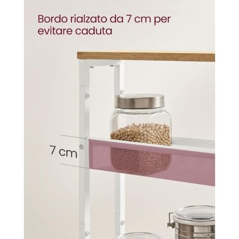 VASAGLE Carrello a 4 Ripiani, Carrello Cucina Salvaspazio con Ruote, Struttura in Acciaio, Maniglia, Carrellino Piccoli Spazi, Bagno Salotto Studio, Beige Rovere e Bianco