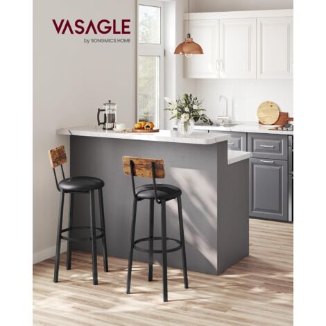 VASAGLE Set Di 2 Sgabelli Da Bar Con Schienale, Imbottiti In PU, Poggiapiedi, Design Vintage Marrone E Nero - Per Cucina, Sala Da Pranzo, Isola