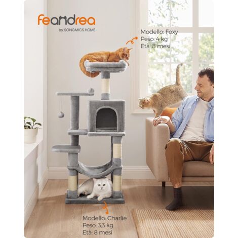 Tiragraffi Per Gatti Feandrea Alto 155 Cm - Con 5 Pali Graffiatoi, 2 Grotte, 2 Posatoi, Amaca, Pompon