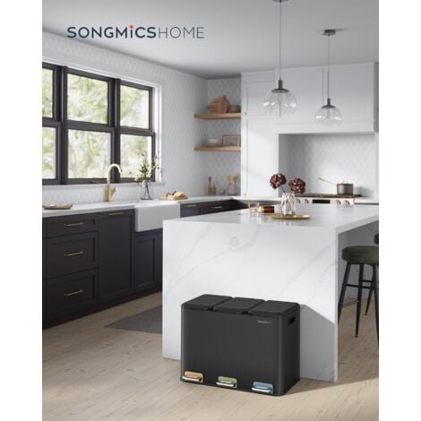 SONGMICS HOME Cestino da Cucina Tripla, Pattumiera per Raccolta Differenziata 3 x 15 L con Pedali Colorati, Raccolta Differenziata, Coperchio e Secchi Interni, Acciaio, Nero Inchiostro