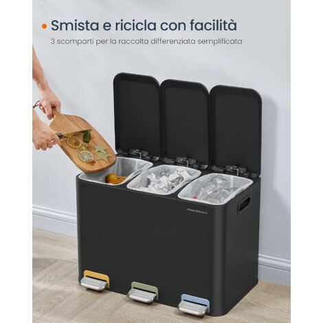 SONGMICS HOME Cestino da Cucina Tripla, Pattumiera per Raccolta Differenziata 3 x 15 L con Pedali Colorati, Raccolta Differenziata, Coperchio e Secchi Interni, Acciaio, Nero Inchiostro