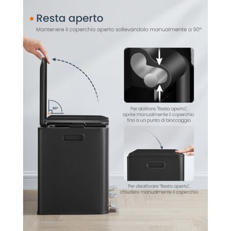 SONGMICS HOME Cestino da Cucina Tripla, Pattumiera per Raccolta Differenziata 3 x 15 L con Pedali Colorati, Raccolta Differenziata, Coperchio e Secchi Interni, Acciaio, Nero Inchiostro