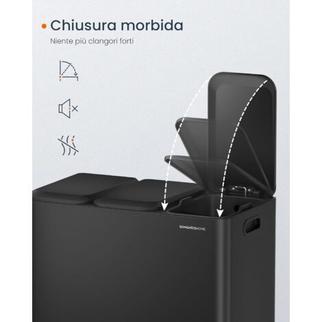 SONGMICS HOME Cestino da Cucina Tripla, Pattumiera per Raccolta Differenziata 3 x 15 L con Pedali Colorati, Raccolta Differenziata, Coperchio e Secchi Interni, Acciaio, Nero Inchiostro