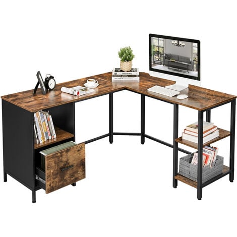 VASAGLE Scrivania ad Angolo a L, Tavolo da Ufficio per Computer con Ripiano e Scomparto per Cartelle Sospese, 2 Ripiani, Studio, Montaggio Facile, Design Industriale, Marrone Vintage e Nero da SONGMIC