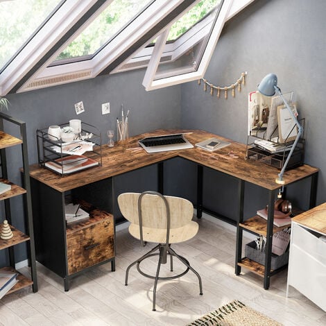VASAGLE Scrivania ad Angolo a L, Tavolo da Ufficio per Computer con Ripiano e Scomparto per Cartelle Sospese, 2 Ripiani, Studio, Montaggio Facile, Design Industriale, Marrone Vintage e Nero da SONGMIC
