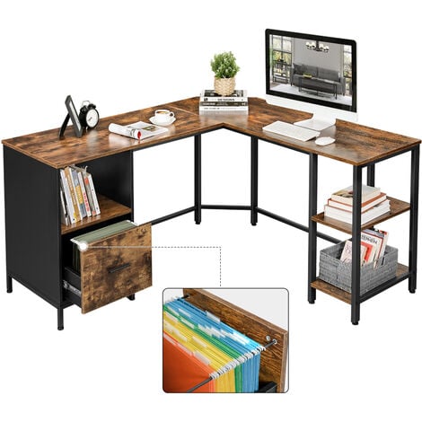 VASAGLE Scrivania ad Angolo a L, Tavolo da Ufficio per Computer con Ripiano e Scomparto per Cartelle Sospese, 2 Ripiani, Studio, Montaggio Facile, Design Industriale, Marrone Vintage e Nero da SONGMIC