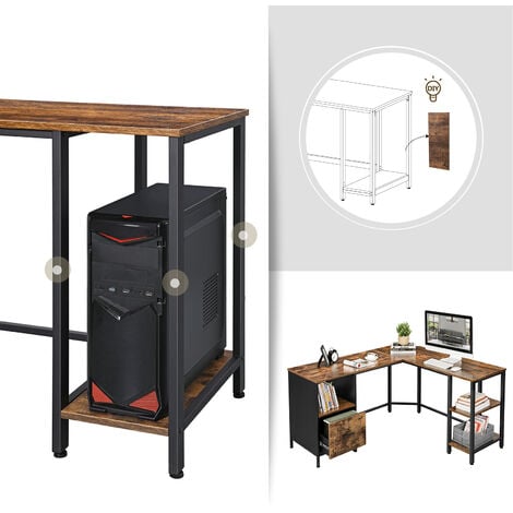VASAGLE Scrivania ad Angolo a L, Tavolo da Ufficio per Computer con Ripiano e Scomparto per Cartelle Sospese, 2 Ripiani, Studio, Montaggio Facile, Design Industriale, Marrone Vintage e Nero da SONGMIC