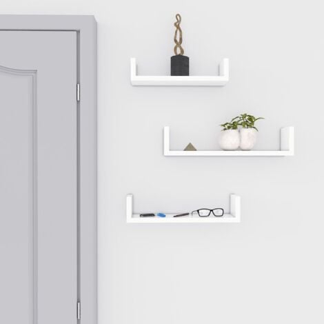 Set di 3 Mensole di Legno a Forma di U Portaoggetti Sospesi da Parete Decorativi MDF Bianco