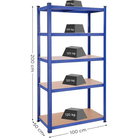 Scaffalatura a 5 Ripiani, 200 x 100 x 50 cm, Capacità di Carico di 600 kg  (120 kg per Ogni Ripiano), Scaffale Resistente da Garage, Ripiani  Regolabili, Struttura in Acciaio, Blu