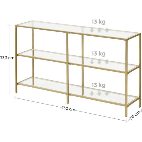 VASAGLE Tavolo Consolle, Consolle Ingresso a 3 Ripiani, Scaffale in Vetro  Temperato, 130 x 30 x 73 cm, Struttura in Metallo, Moderno, Corridoio  Soggiorno Camera da Letto, Color Oro