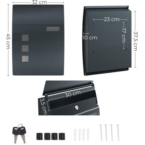 Cassetta Postale Da Parete SONGMICS Nero - Con Serratura, Finestrelle E Targhetta, 25.5x11.5x39.5cm - Foto 8