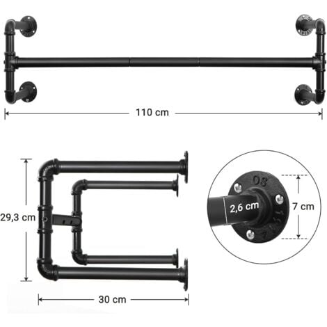 Attaccapanni da Muro, Barra Appendiabiti da Parete a Tubo, Stile Industriale,  Salvaspazio, 110 x 30 x 29,3 cm, Regge Fino a 60 kg, Montaggio Facile, per  Spazio Stretto, Nero