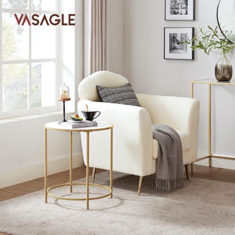 FATIVO Tavolino da Salotto Comodino: Rotondo Tavolino da Caffè 2 Ripiani Tavolino da Soggiorno Moderno in Pietra Sinterizzata - Design Stile Bianco Oro per Camera da Letto Sala Angolo Bar