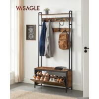 VASAGLE Appendiabiti con Scarpiera, Mobile Ingresso con 9 Ganci Rimovibili,  Panca, Mensola, 30 x 85 x 180,5 cm, Corridoio Camera da Letto Appartamento,  Moderno, Rovere e Bianco/Marrone Vintage e Nero