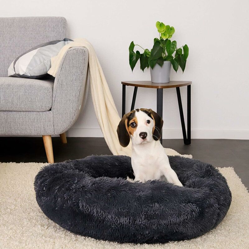 Panier Pour Chat/chien En Forme De Donut - 150 Cm, Peluche Moelleuse, Fond Antidérapant, Lavable, Gris Foncé