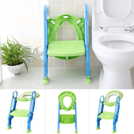 Siège De Toilette Pliable Pour Enfants Avec Marches Larges Et Coussin Moelleux Bleu Clair