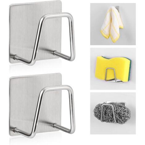 Porte-éponge adhésif pour évier de cuisine, crochet à récurer en acier inoxydable SUS304, support de rangement pour accessoires d'évier pour récurer les torchons (2 pièces) (1/5)