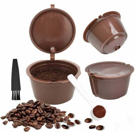 3PCS Filtres à Café Non Jetables, Réutilisables Capsules Rechargeables à Cafe, Compatibles avec Machines Nescafe Dolce Gusto avec 1 Cuillère à Café et 1 Brosse à Nettoyer -Marron