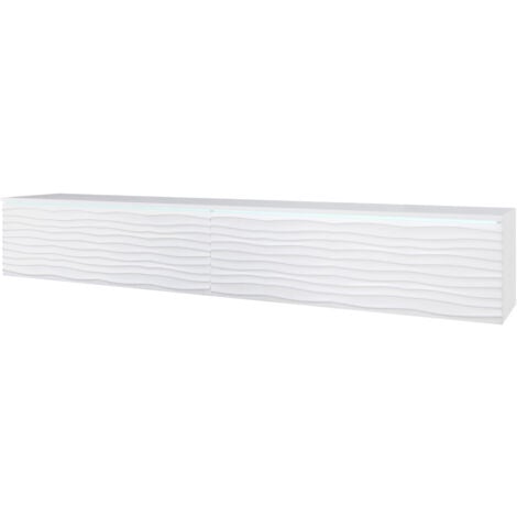 Mueble de TV Lowboard D 180 cm, mueble de televisión con iluminación LED, mueble de televisión colgante, color blanco ondulado