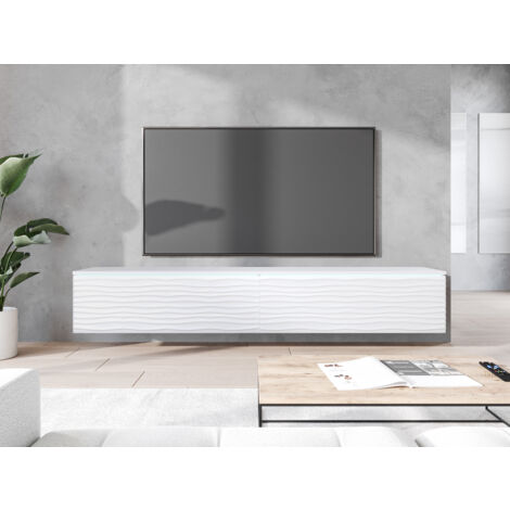 Mueble de TV Lowboard D 180 cm, mueble de televisión con iluminación LED, mueble de televisión colgante, color blanco ondulado