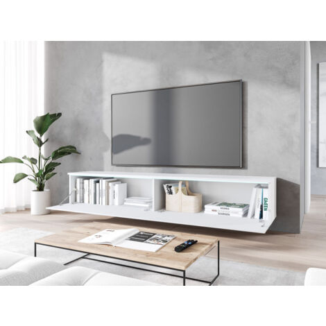 Mueble de TV Lowboard D 180 cm, mueble de televisión con iluminación LED, mueble de televisión colgante, color blanco ondulado