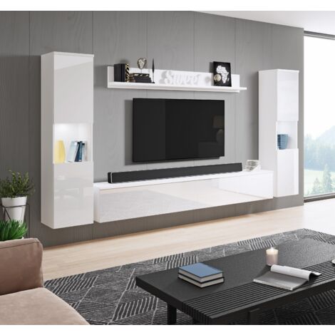Conjunto de Muebles de salón Paris XL, sin iluminación LED, Juego de Muebles de salón, Muebles de salón Modernos (Blanco/Blanco brillo)