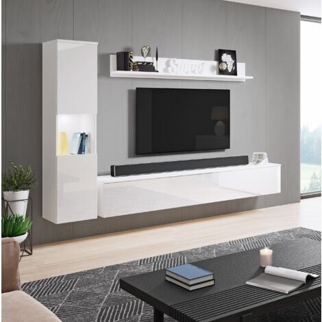 Conjunto de Muebles de salón Paris, iluminación LED incluida, Juego de Muebles de salón, Muebles de salón Modernos (Blanco/Blanco Brillo)
