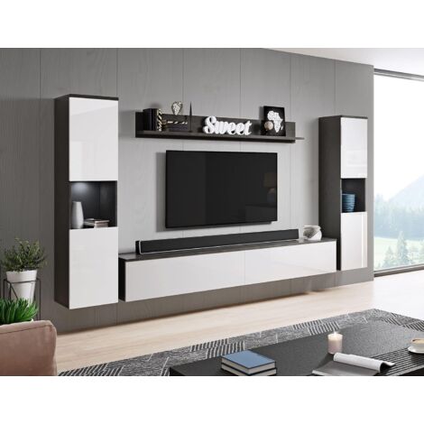 Conjunto de Muebles de salón Paris XL, iluminación LED incluida, Juego de Muebles de salón, Muebles de salón Modernos (Matera/Blanco brillo)