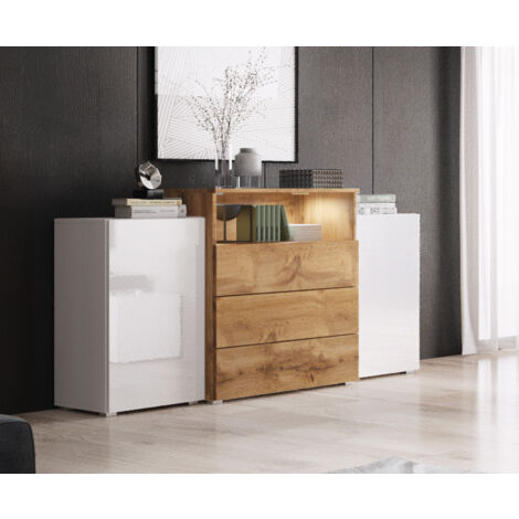 Bratex – Cómoda infantil 150 cm – Cajonera con iluminación LED – Color blanco brillo y wotan – Guías telescópicas con sistema PUSH (1/3)