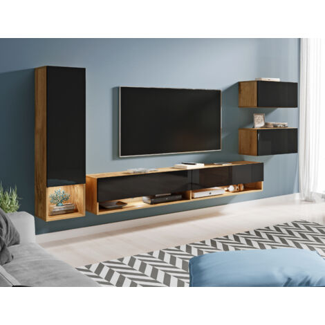 Conjunto de muebles de salón AMADEO, juego de muebles de salón, iluminación LED incluida, color wotan/negro brillo