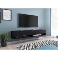 Mueble de TV Lowboard A 180 cm, mueble de televisión con iluminación LED, dos estanterías, color negro mate