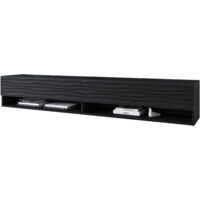 Mueble de TV Lowboard A 180 cm, mueble de televisión sin iluminación LED, dos estanterías, color negro ondulado