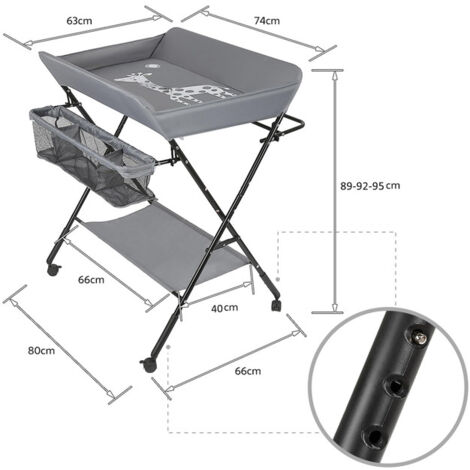 Table à langer Pliable pour bébé avec Sac de rangement, Roulettes - Hauteur réglable -Gris