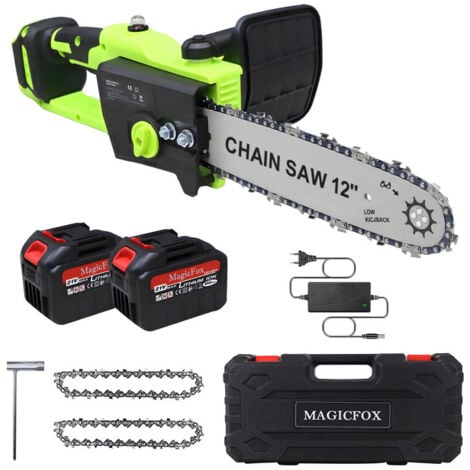 Tronçonneuse Brushless sans fil Coupe 30 cm, avec 2 batteries 6.0Ah et 2 chaines, Tronçonneuse Légère Sûre, Autolubrification  Capot de protection - Vert