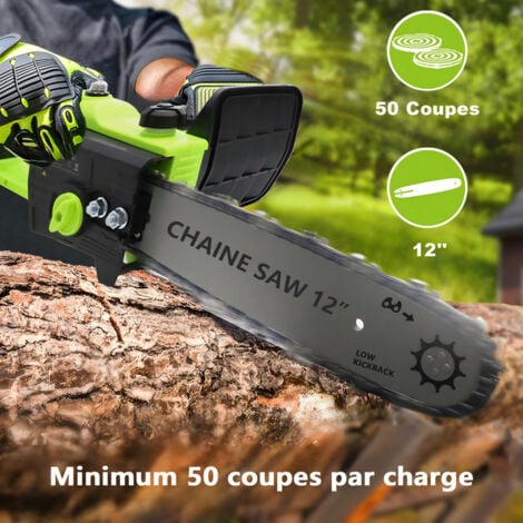 Tronçonneuse Brushless sans fil Coupe 30 cm, avec 2 batteries 6.0Ah et 2 chaines, Tronçonneuse Légère Sûre, Autolubrification  Capot de protection - Vert