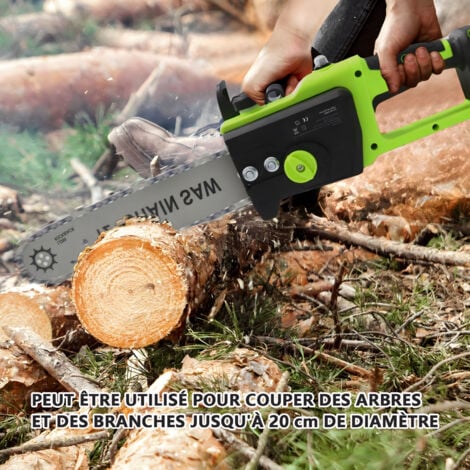 Tronçonneuse Brushless sans fil Coupe 30 cm, avec 2 batteries 6.0Ah et 2 chaines, Tronçonneuse Légère Sûre, Autolubrification  Capot de protection - Vert
