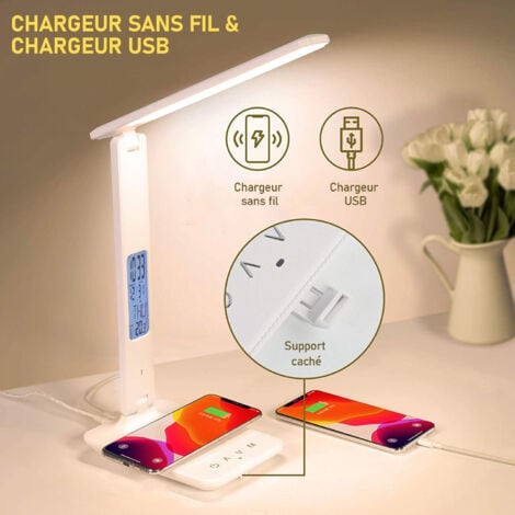 Lampe de bureau LED avec Charge sans fil, Lampe de table Réglable Contrôle tactile, Charge USB - 3 modes d'éclairage - Affichage LCD