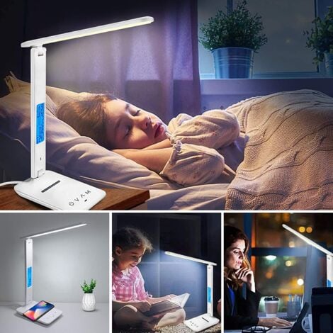 Lampe de bureau LED avec Charge sans fil, Lampe de table Réglable Contrôle tactile, Charge USB - 3 modes d'éclairage - Affichage LCD