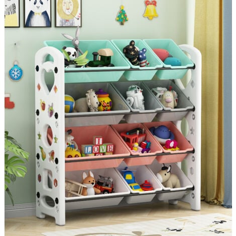 Étagère pour Jouets, Meuble de Rangement pour Enfant, Organisateur, 4 niveaux avec 12 Casiers Amovibles en Plastique
