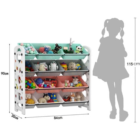 Étagère pour Jouets, Meuble de Rangement pour Enfant, Organisateur, 4 niveaux avec 12 Casiers Amovibles en Plastique