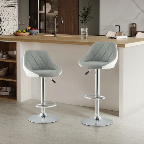 KITYTETY Lot de 2 Tabourets de Bar et Cuisine Design SIG - Chaises de Bar - Rotation à 360° et Hauteur Réglable (Gris et Blanc)