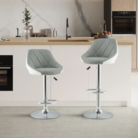 KITYTETY Lot de 2 Tabourets de Bar et Cuisine Design SIG - Chaises de Bar - Rotation à 360° et Hauteur Réglable (Gris et Blanc)