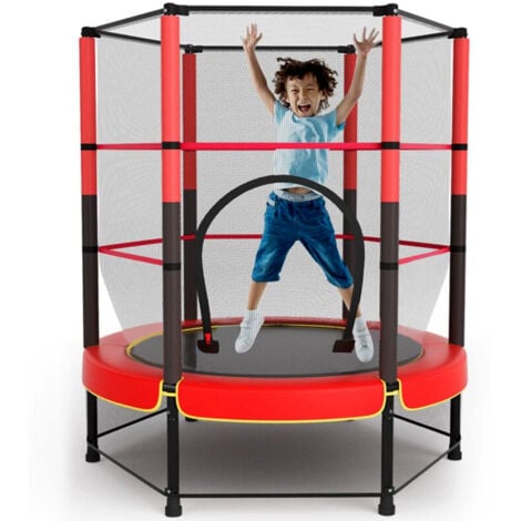 Trampoline pour Enfants Ø140cm, Trampoline Extérieur et Intérieur avec Filet de Sécurité Surélevé, Cadre en Acier, Trampoline Rouge