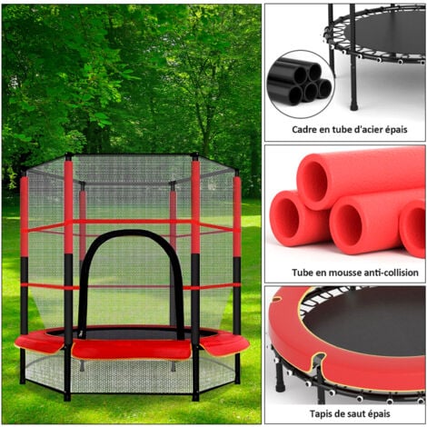 Trampoline pour Enfants Ø140cm, Trampoline Extérieur et Intérieur avec Filet de Sécurité Surélevé, Cadre en Acier, Trampoline Rouge
