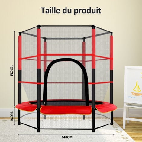 Trampoline pour Enfants Ø140cm, Trampoline Extérieur et Intérieur avec Filet de Sécurité Surélevé, Cadre en Acier, Trampoline Rouge