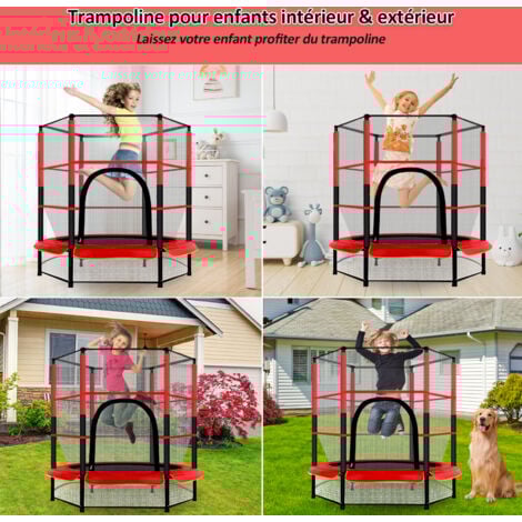 Trampoline pour Enfants Ø140cm, Trampoline Extérieur et Intérieur avec Filet de Sécurité Surélevé, Cadre en Acier, Trampoline Rouge