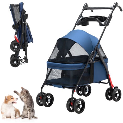 Poussette pliable pour Chien et Chat avec Roues Amortissantes Pneus Rotatifs a 360 Fenetres en Maille Doublure Amovible Bleu