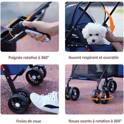 Poussette pliable pour Chien et Chat avec Roues Amortissantes, Pneus Rotatifs à 360°, Fenêtres en Maille, Doublure Amovible - Bleu