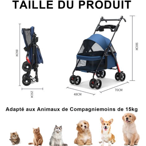 Poussette pliable pour Chien et Chat avec Roues Amortissantes, Pneus Rotatifs à 360°, Fenêtres en Maille, Doublure Amovible - Bleu