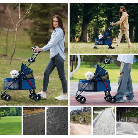 Poussette pliable pour Chien et Chat avec Roues Amortissantes, Pneus Rotatifs à 360°, Fenêtres en Maille, Doublure Amovible - Bleu
